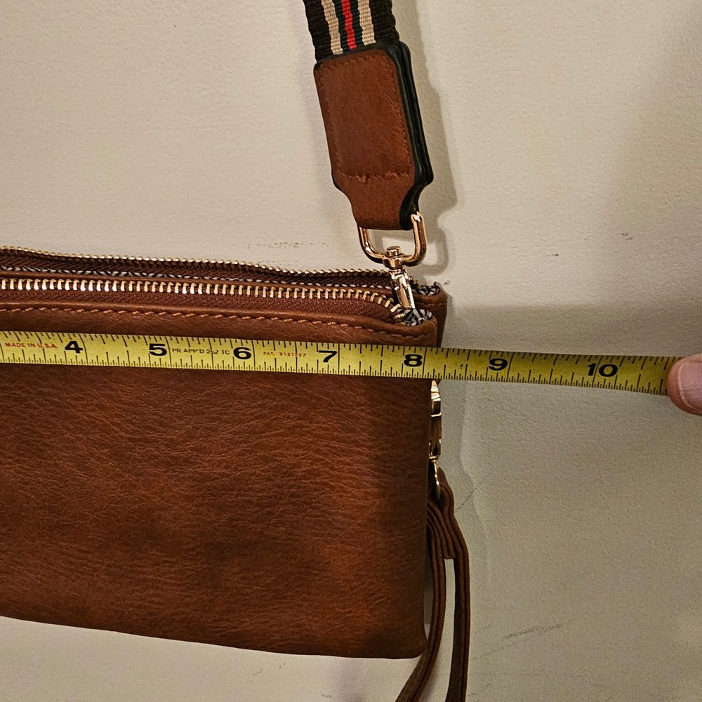 Brown Vegan Leather Triple Zip Crossbody Bag with Striped Guitar Strap Clutch - Picture 4 of 11